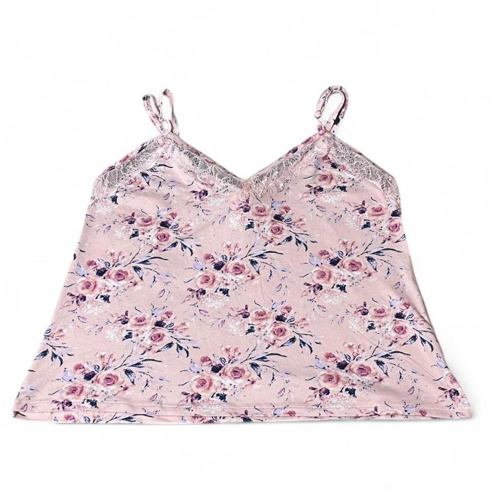 Pink floral lace trim cami top